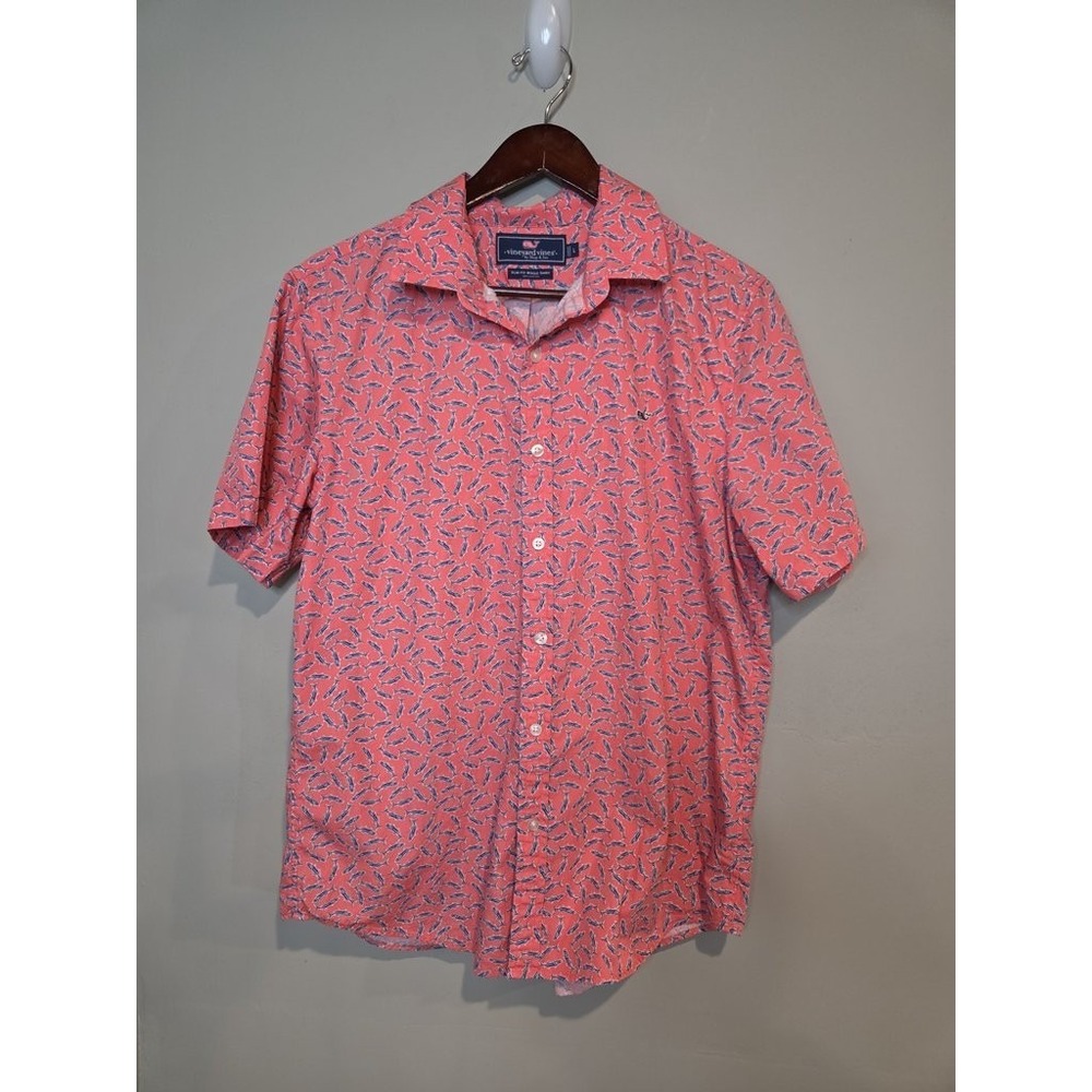 Vineyard Vines Fish Print Button Down Shirt Men Large Slim Fit Pink Whale Cotton